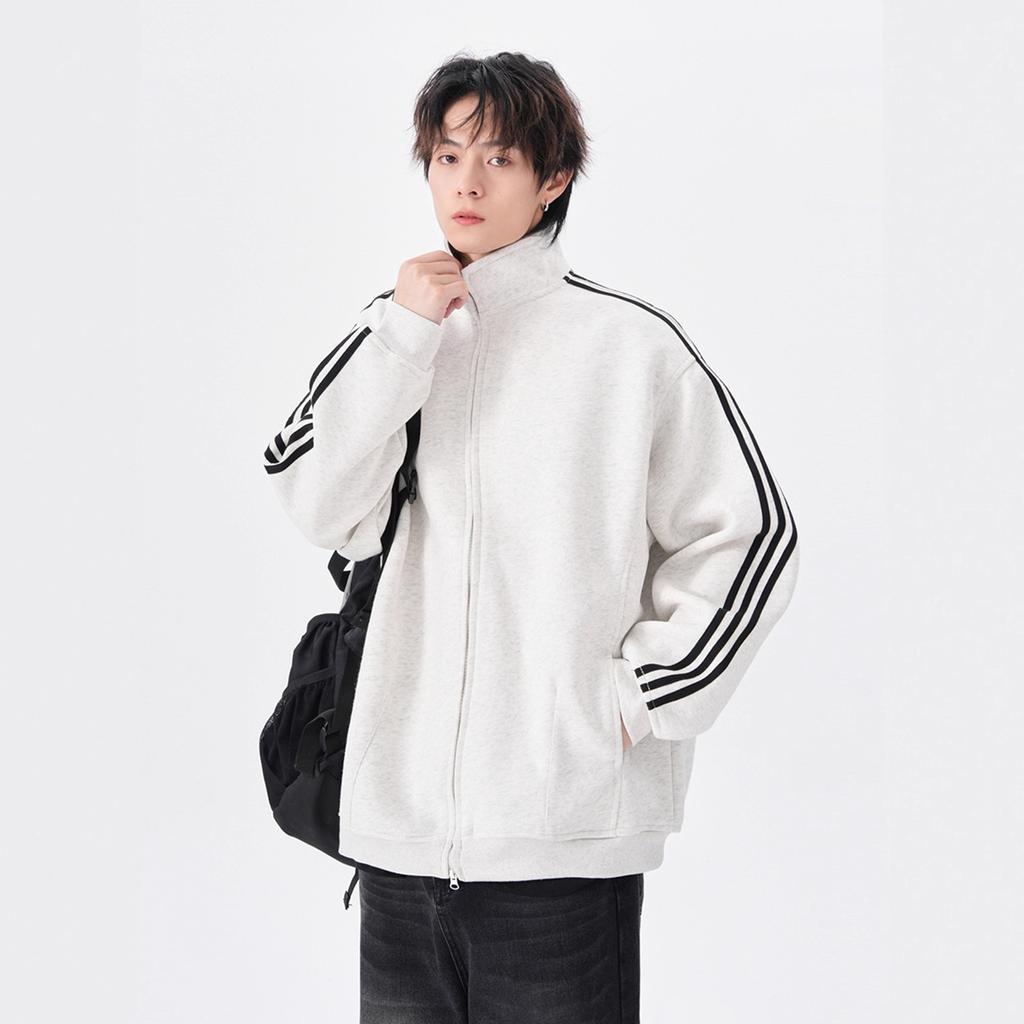 Three Stripes Cardigan Sweatshirt Male's Loose Everyday Stand Collar Jacket Coat Couple Sports Top High Quality Practical Daily Use