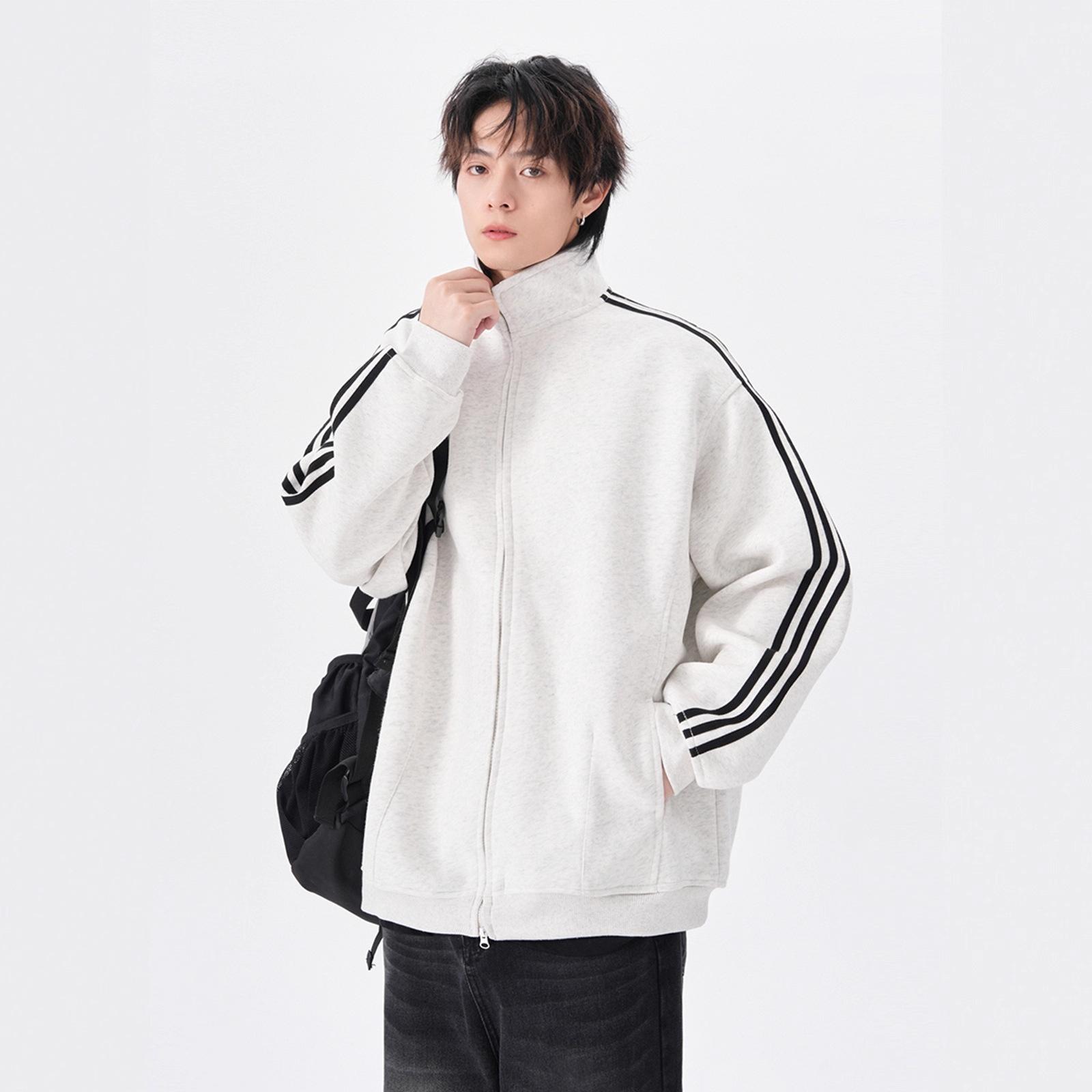 JMG Clothing Driestrepen Cardigan Sweatshirt Heren Los Casual Opstaande Kraag Jas Jas Koppel Sport Top L