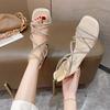 2025 new rhinestone sandals women's high heel winding strap one-word sandals women's Roman shoes light luxury sandals