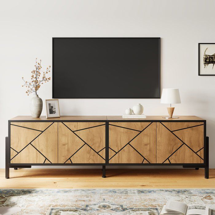 Meuble TV 153x40x50 cm pour TV 65 pouces 4 portes design géométrique grand rangement salon 6 pieds métal bois naturel noir chic