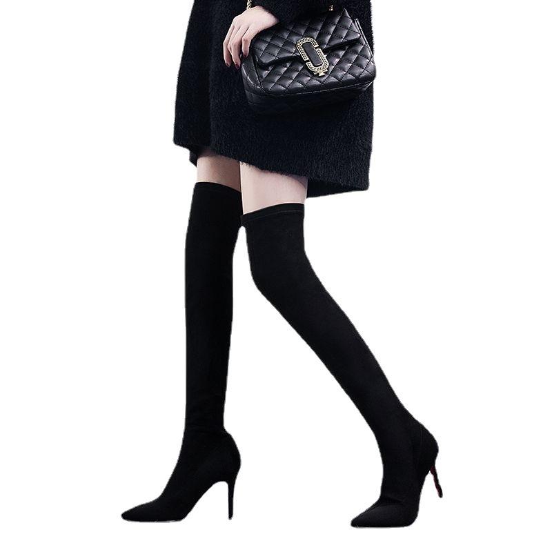 Kozačky Nadkolenky Dámské Podzimní a Zimní Nové Fleecové Černé Vysoké Kozačky Dámské Podpatek Vysoké Podpatky Dámské