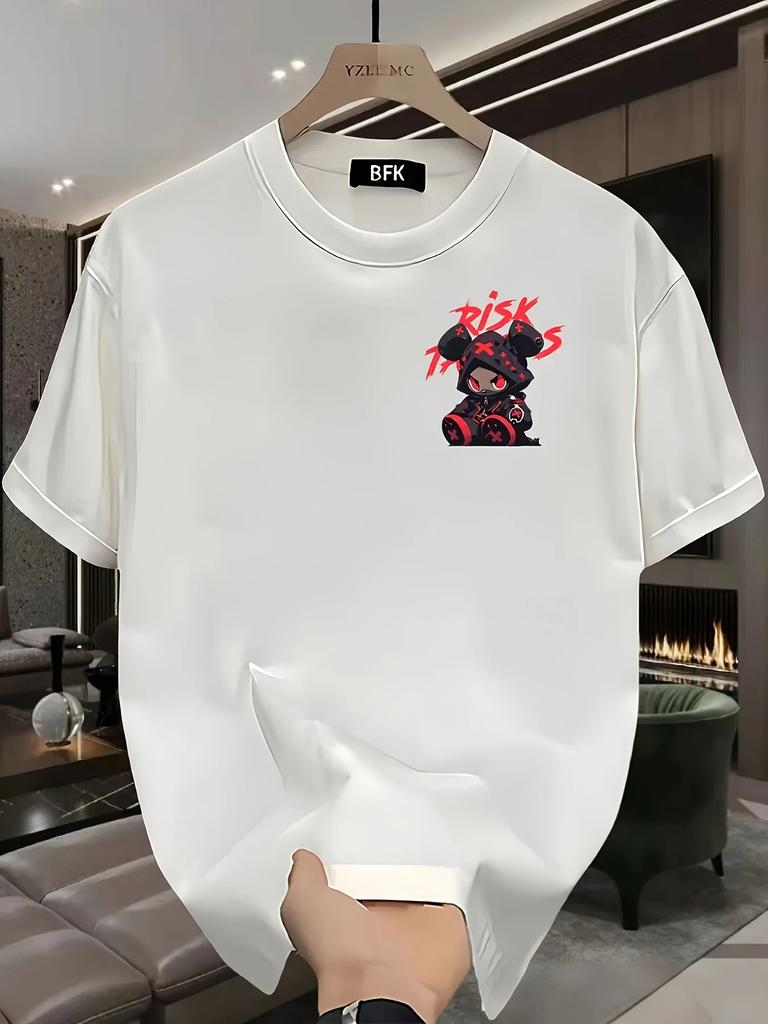 Men's summer 100% cotton T-shirt, fashionable mask, bear print, loose and breathable, street fashion short-sleeved