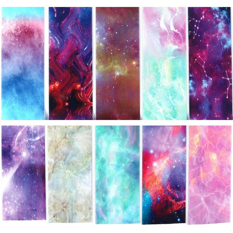 10ks/sada Fólie na nehty Květinová krajka Leopard Mramor Samolepky na nehty Obtisky Starry Sky Paper Nail Art Dekorace