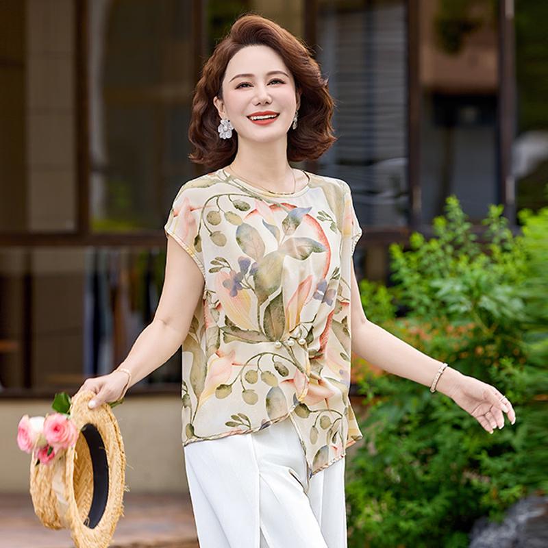 Datang Lady Floral Print Summer T-Shirt for Middle-Aged Women 3XL желто-зеленый
