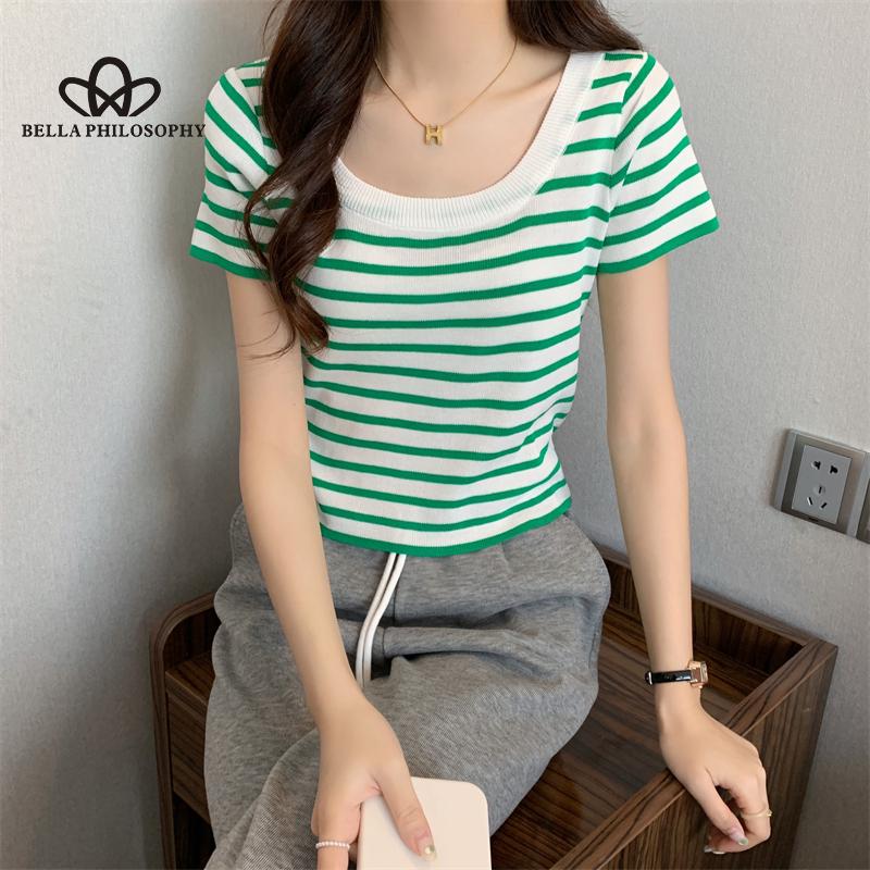 Summer New All-match Striped Square Collar Slim-fit Sweater Short-sleeved Women's Top Fashion Casual T-shirt