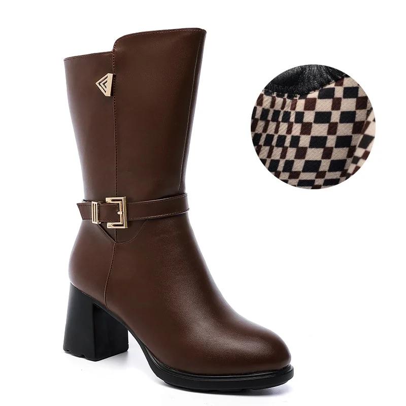 7cm Fashion Block High Heels Shoes Women Boots Fall Winter 2025 Mid Leg Soft Leather Warm Fur Motorcycle Boots for Office Mom