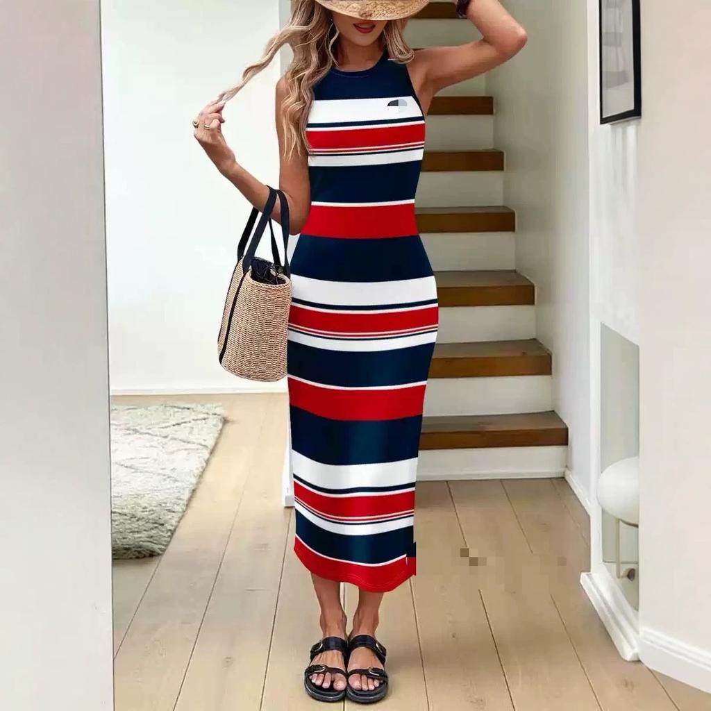New Striped Women's Summer Fashion Sleeveless Crew Neck Vest Skirt, Foreign Style Age-reducing Holiday Style Long Skirt for Women