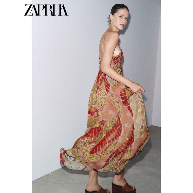 Zaprha 2025 Summer New Holiday Style Flower Print V-neck Backless Fine Sling Dress 3508147