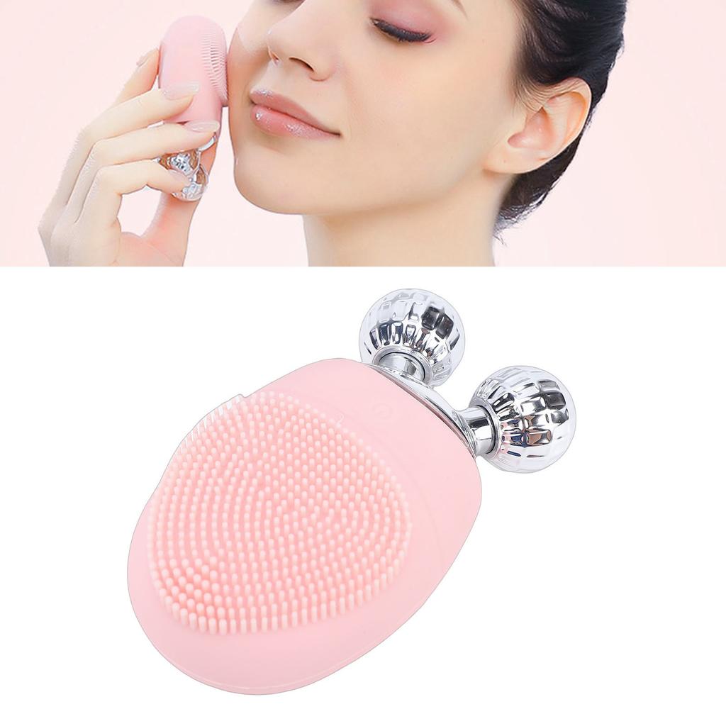 Facial Cleansing Brush IP67 Water Proof Rechargeable Silicone Face Scrubber Exfoliator with Rollers Pink