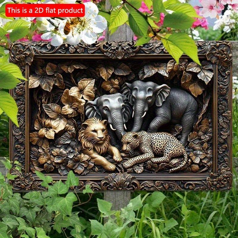 2D Flat Wooden Sign 30*20cm Vintage Elephant & Leopard Jungle Scene Wooden Wall Art Wooden Decorative Sign for Outdoor, Bathroom Decor Easy-to-Install