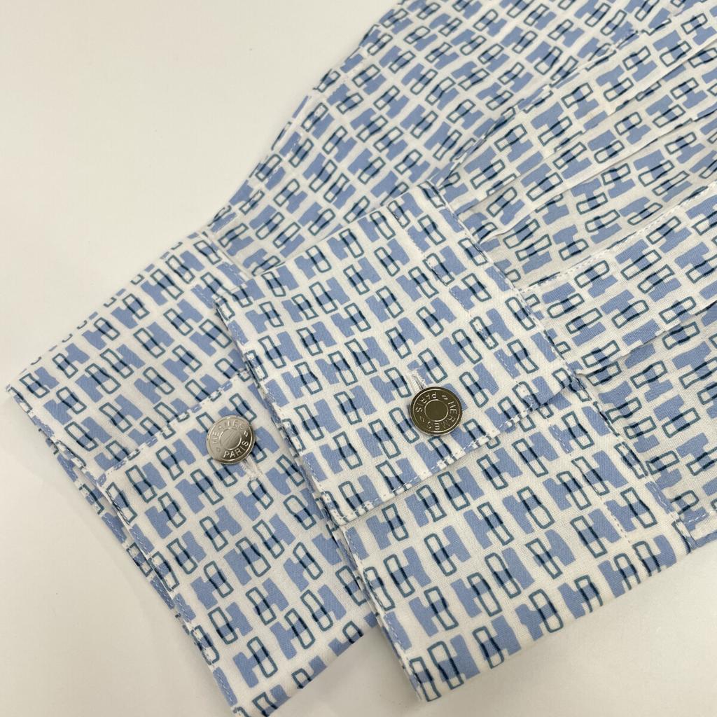 HERMES Blue x White Cotton H Motif Serie Button Long Sleeve Button Shirt tops 40 Blue x whiteUsed