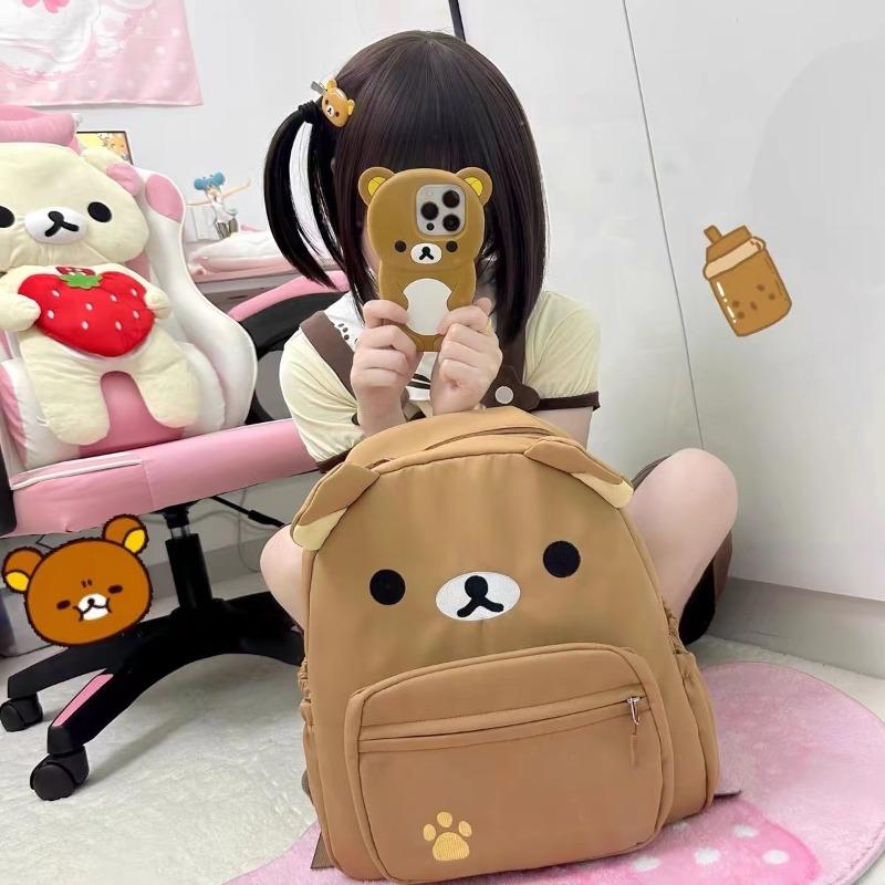 Homemade high-value Japanese cute canvas brown embroidery bear versatile student soft girl backpack super cute schoolbag