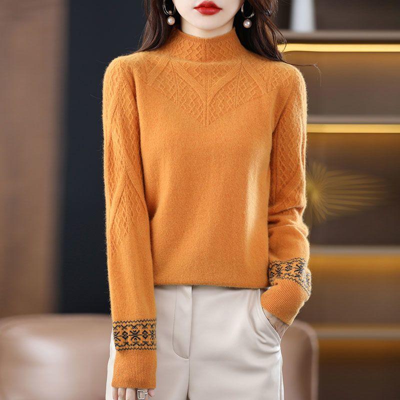Winter Thick Jacquard Semi High Neck Knitted Sweater Women's Fashionable Loose Base Sweater