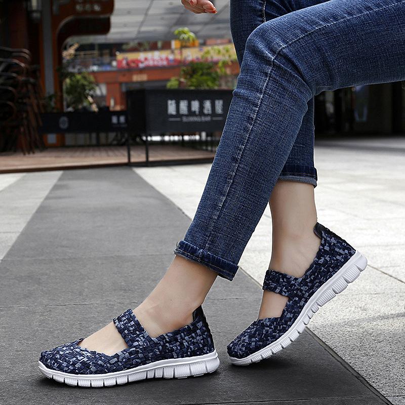 Large size breathable woven elastic band handwoven shoes women's single shoes large size flat bottom casual mother shoes tide