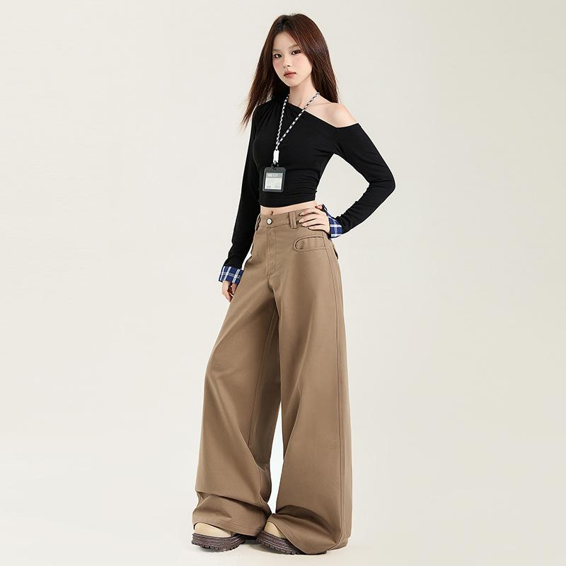 Women Khaki Wide Leg Pants Maillard Style Spring Autumn Loose Straight Draped Floor Length Casual Trousers