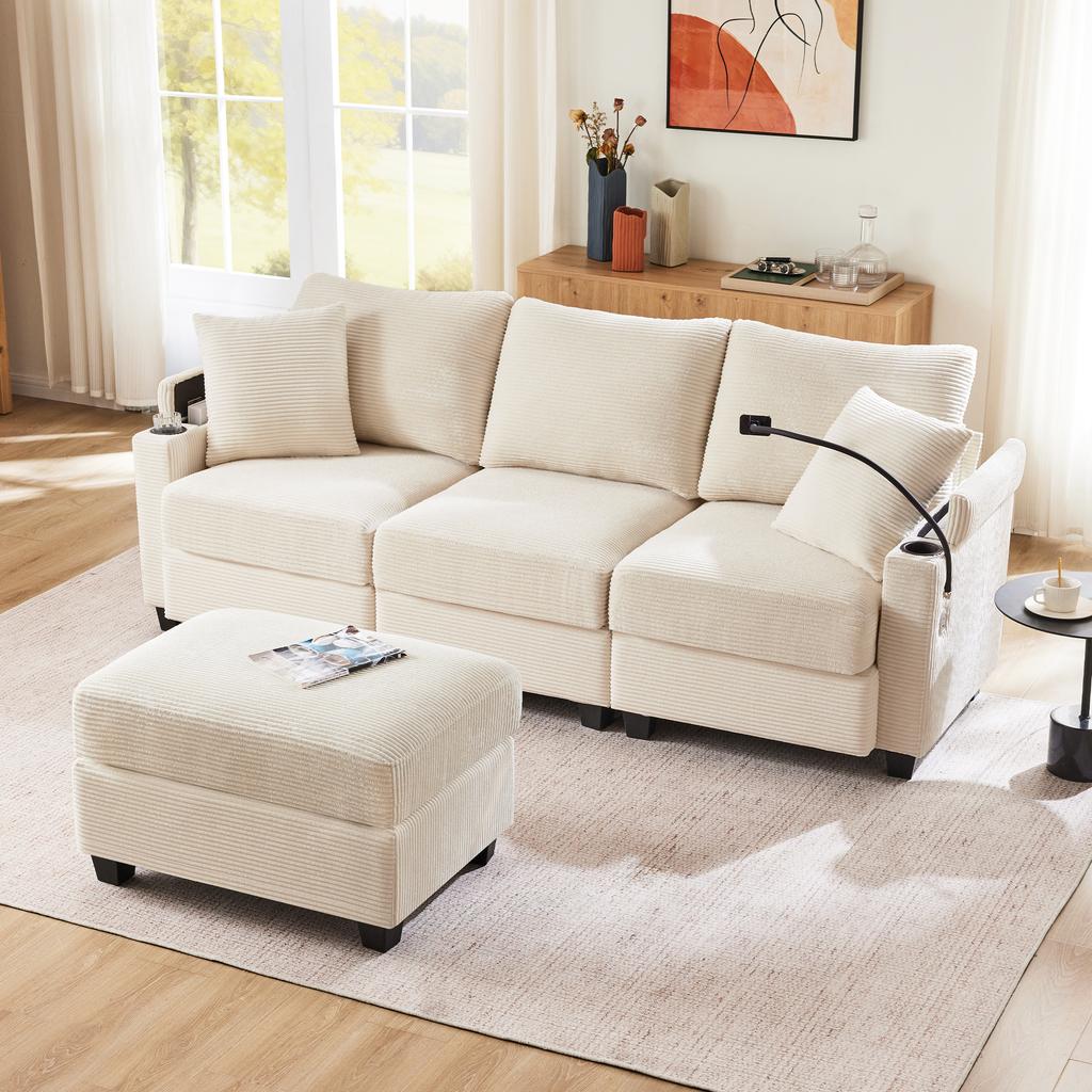 L-Shaped Corner Sofa, Convertible 3-Seater with Footstool, Cup Holder, USB Charger, Armrest Tray and 2 Cushions, Living Room/Office/Apartment, Beige