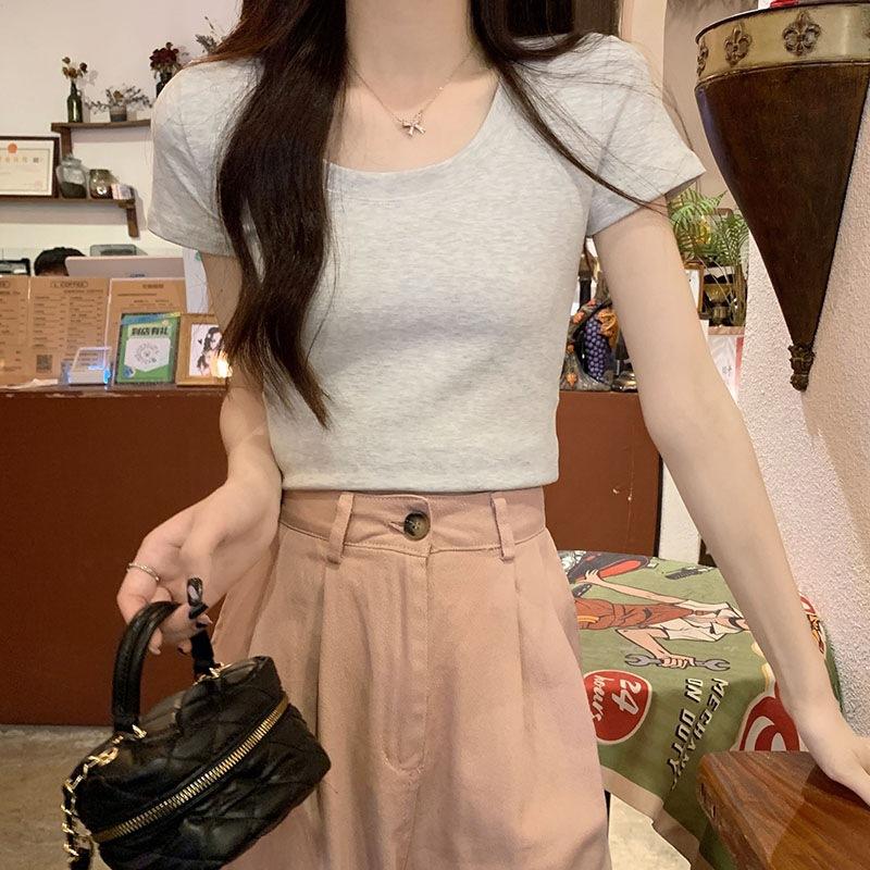U-neck live broadcast quality summer burgundy slim and thin front shoulder short-sleeved T-shirt women