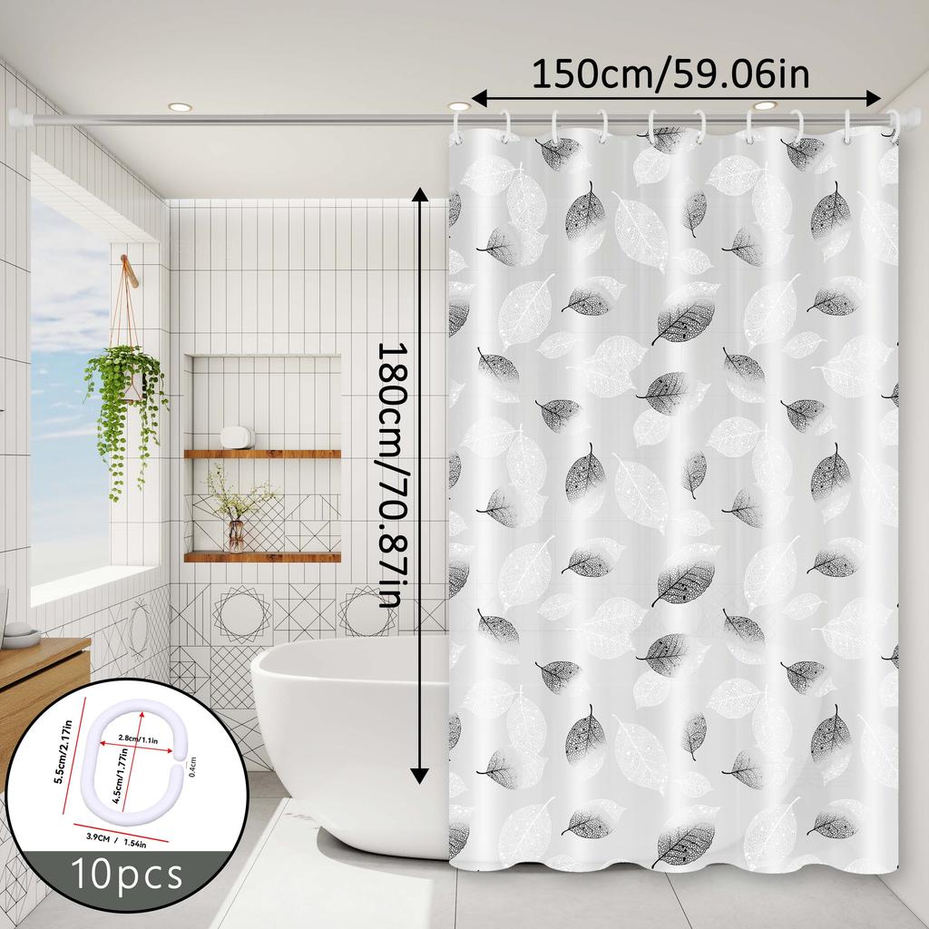 Simple and Fresh Leaf-Patterned Bathroom Shower Curtain, Blocking and Separating Areas, Quick-Drying and Washable