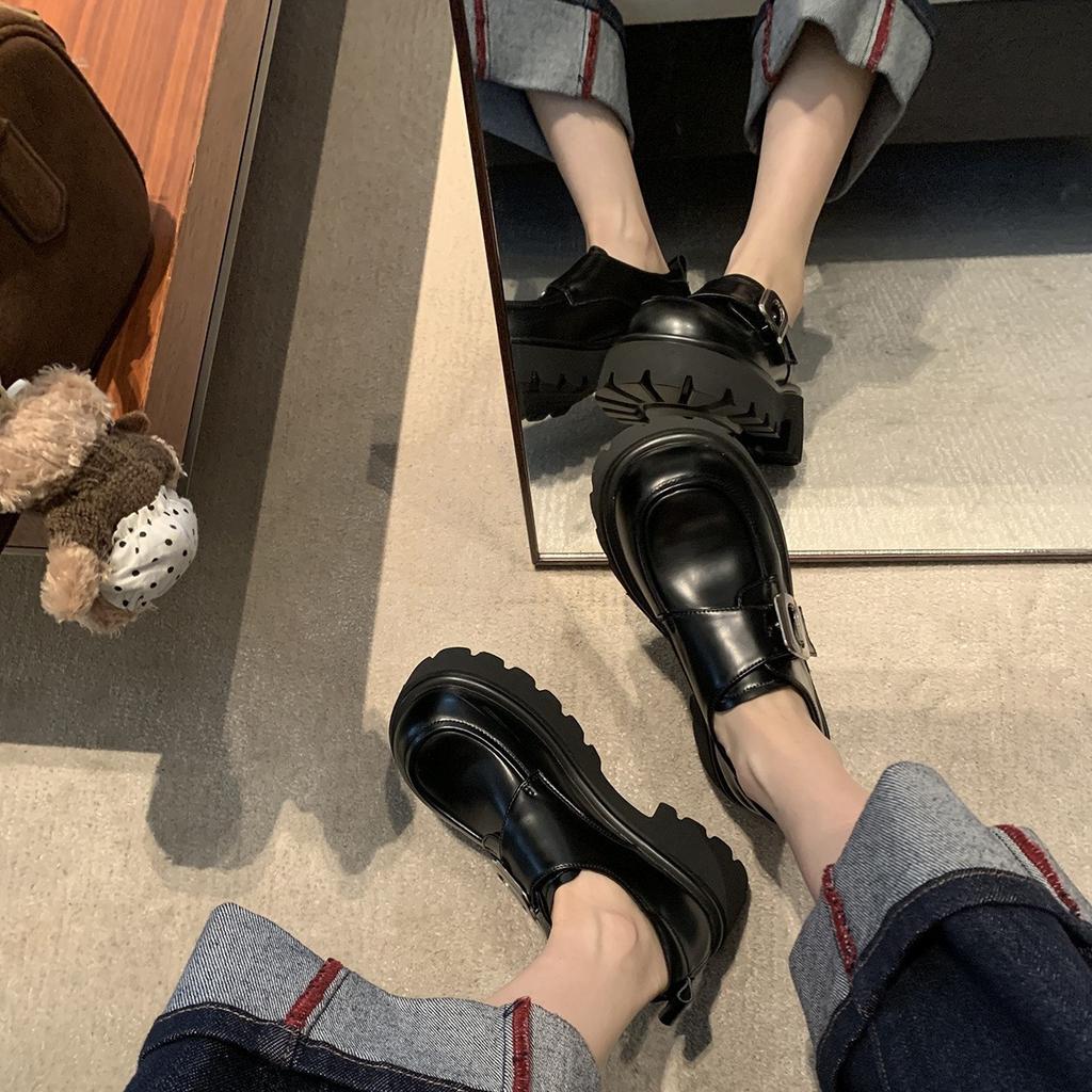 Grape Mother of the Same Style, College Style Square Buckle Lazy One-pedal Muffin Thick Heel Thick Sole Leather Loafers Small Leather Shoes