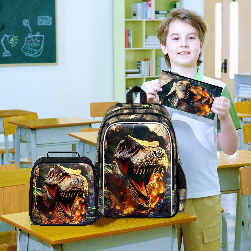 HPJGD 3 Pezzi Zaino per Bambini Dinosauro, Set Zaino Scolastico Impermeabile per Ragazzi con Portapranzo, Zaino Cool per Scuola Elementare, Scuola dell'Infanzia, Toddler