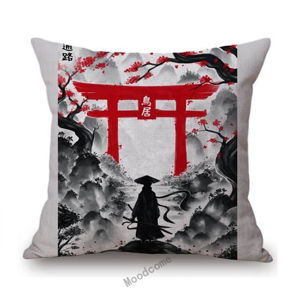 Japanese Ink Painting Geisha Samurai Spirit Tattoo Black Red Sakura Sushi Store Decoration Throw Pillow Case Linen Cushion Cover