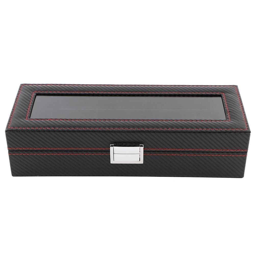 

Sturdy Carbon Fiber Watch Box Transparent Window Red Line Watch Storage Luxury 6 Slots Watch Case Jewelry Organize