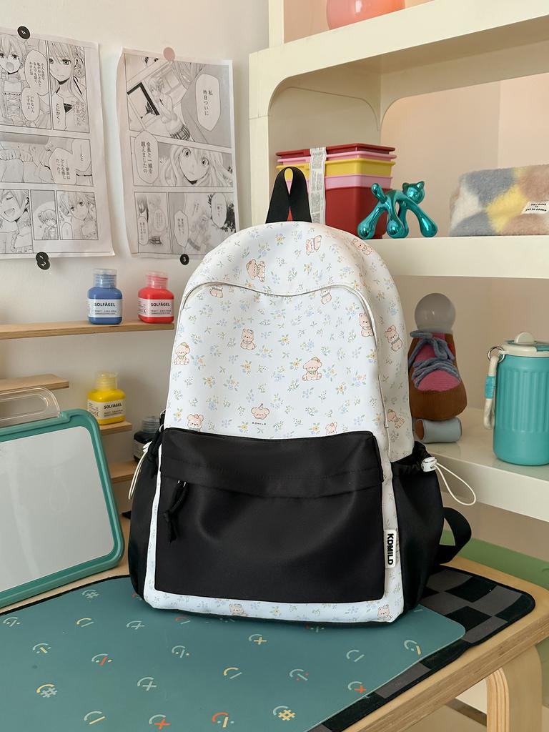 Schoolbag milky white fresh floral cute bear patchwork student backpack for students and healing style gentle bestie travel mini backpack