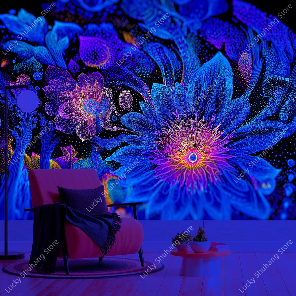 Neon Abstract Wall Tapestry Psychedelic Art Print Black Light Decor For Bedroom Living Room Sci Fi Theme Home Interior Hanging