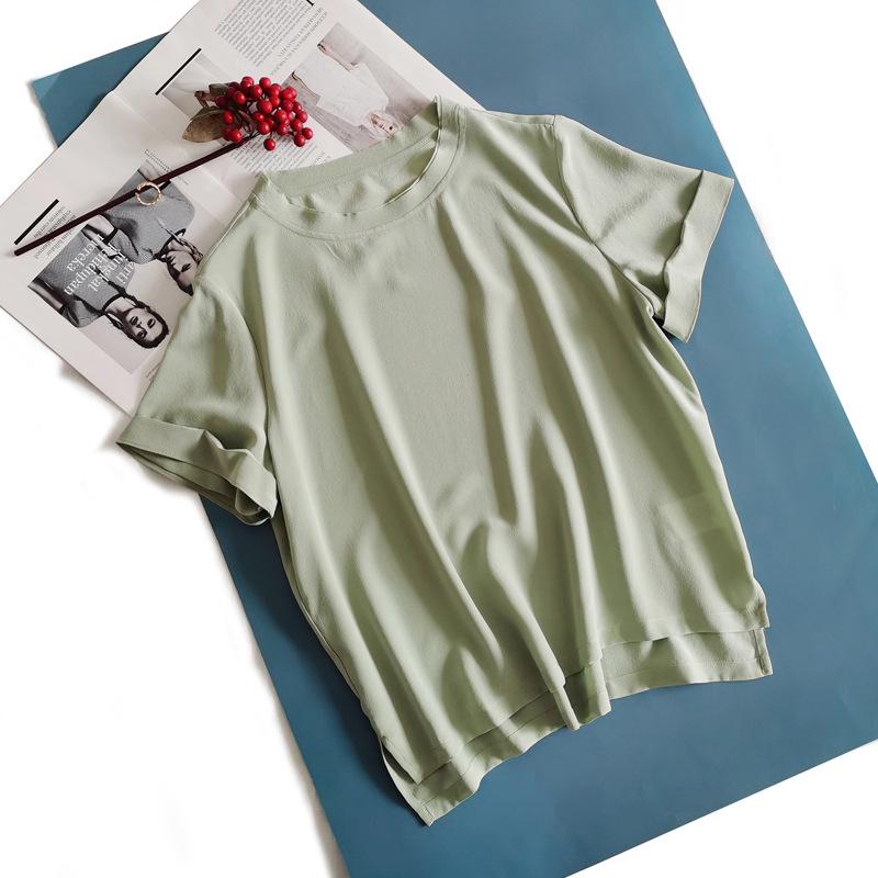 

Оформление: Минималистская женская футболка с коротким рукавом из плотного шелка с песком толщиной 20 мм с круглым вырезом S (around 95 lbs, 70AB)