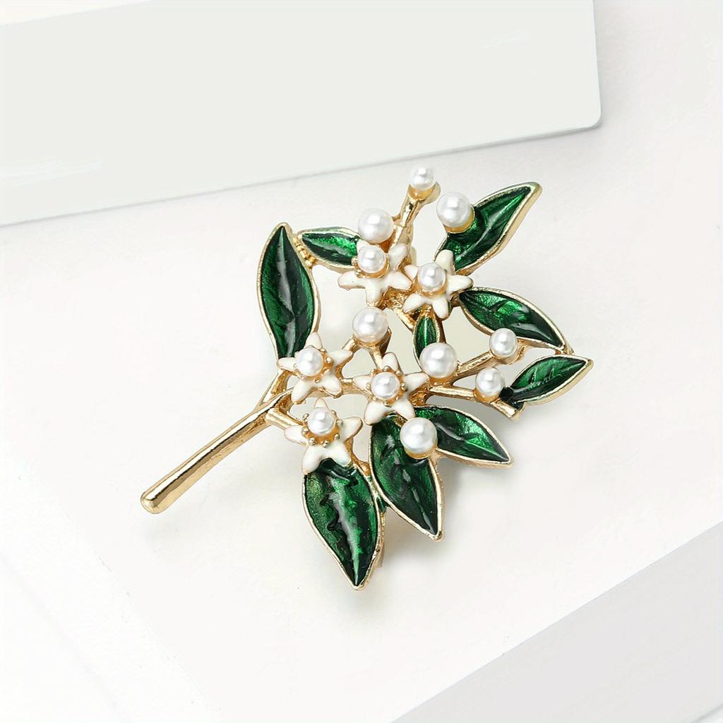 Vintage Enamel Green Leaf Pearl Flower Brooch - Elegant Unique Design, Unisex Luxury Jewelry, Perfect Holiday Gift