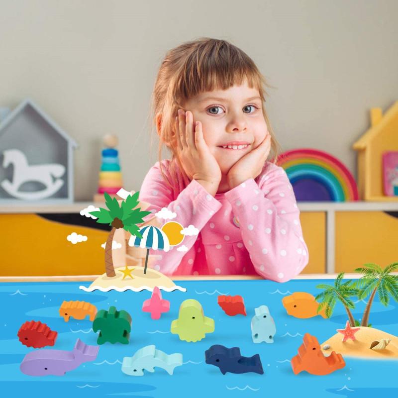 Neue Kinder Montessori Holz Tier Balance Blöcke Brettspiele Spielzeug Dinosaurier Pädagogisches Stapeln Hoher Baustein Holzspielzeug