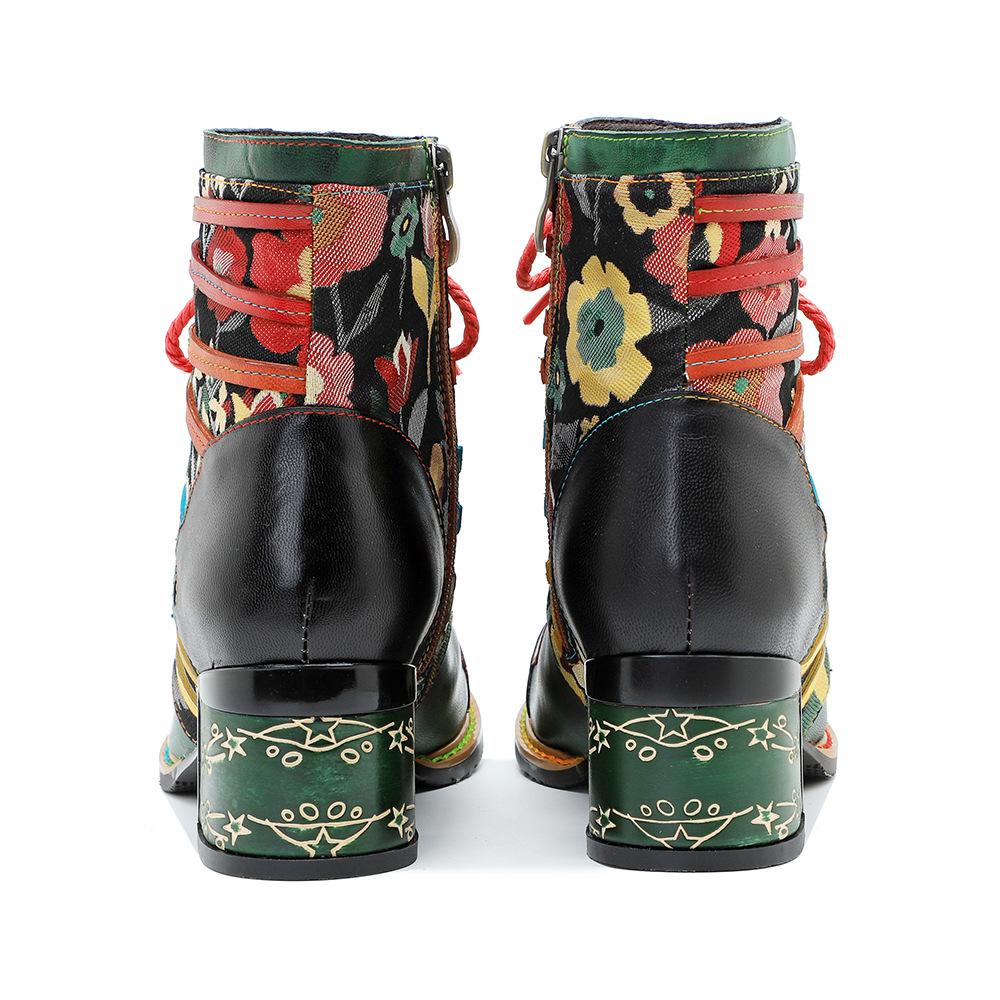 Johnature Genuine Leather Printed Patchwork Color Strapping Thick Heeled Women's Short Boots Mixed Colors Shoes