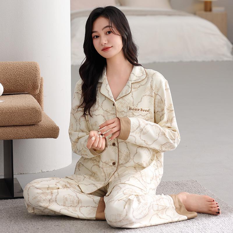 Pajamas Women's Spring and Autumn Autumn Pure Cotton Long-sleeved Cardigan Thin Cotton Women's Simple Temperament Loungewear Can Be Worn Outside
