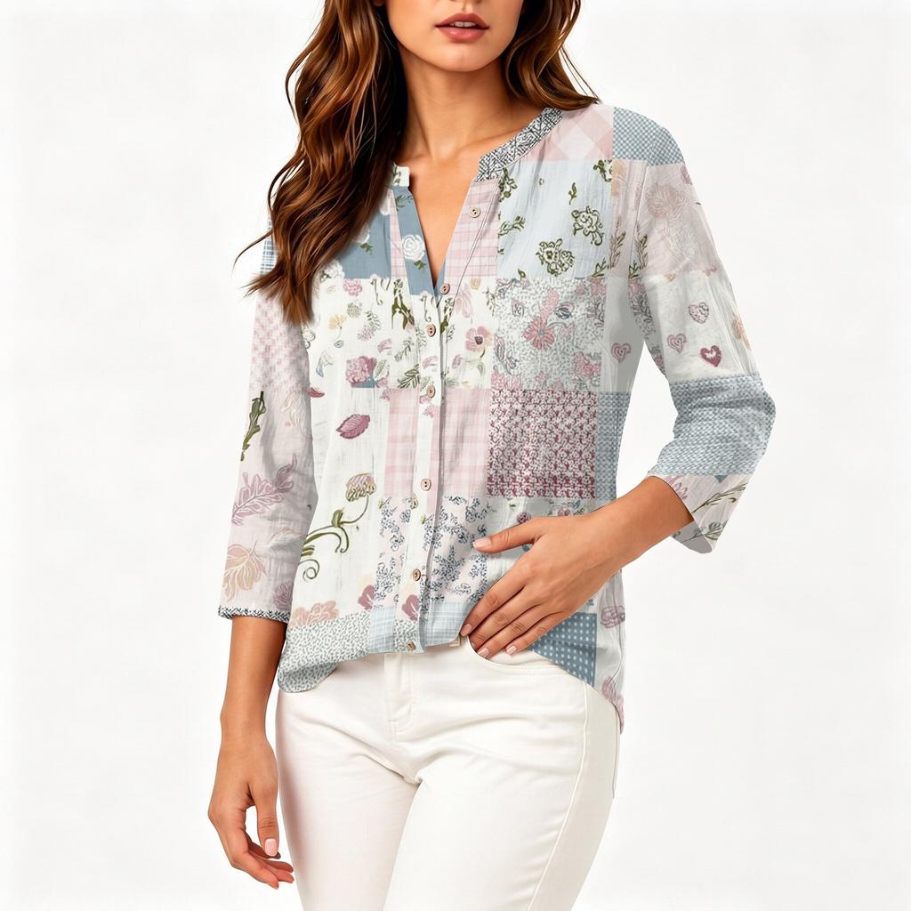 Women's Vintage Floral Print Patchwork Henley Collar Button Down 3/4 Sleeve Cotton Linen Shirt Casual Loose Fit Blouse