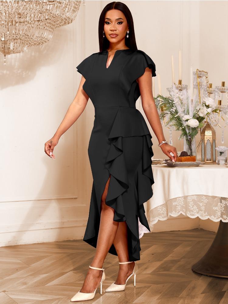 Women Luxury Guest Wedding Party Dresses Elegant V Neck Short Ruffles Sleeves Irregular Slit Bodycon Slim Classy Fashion Gowns