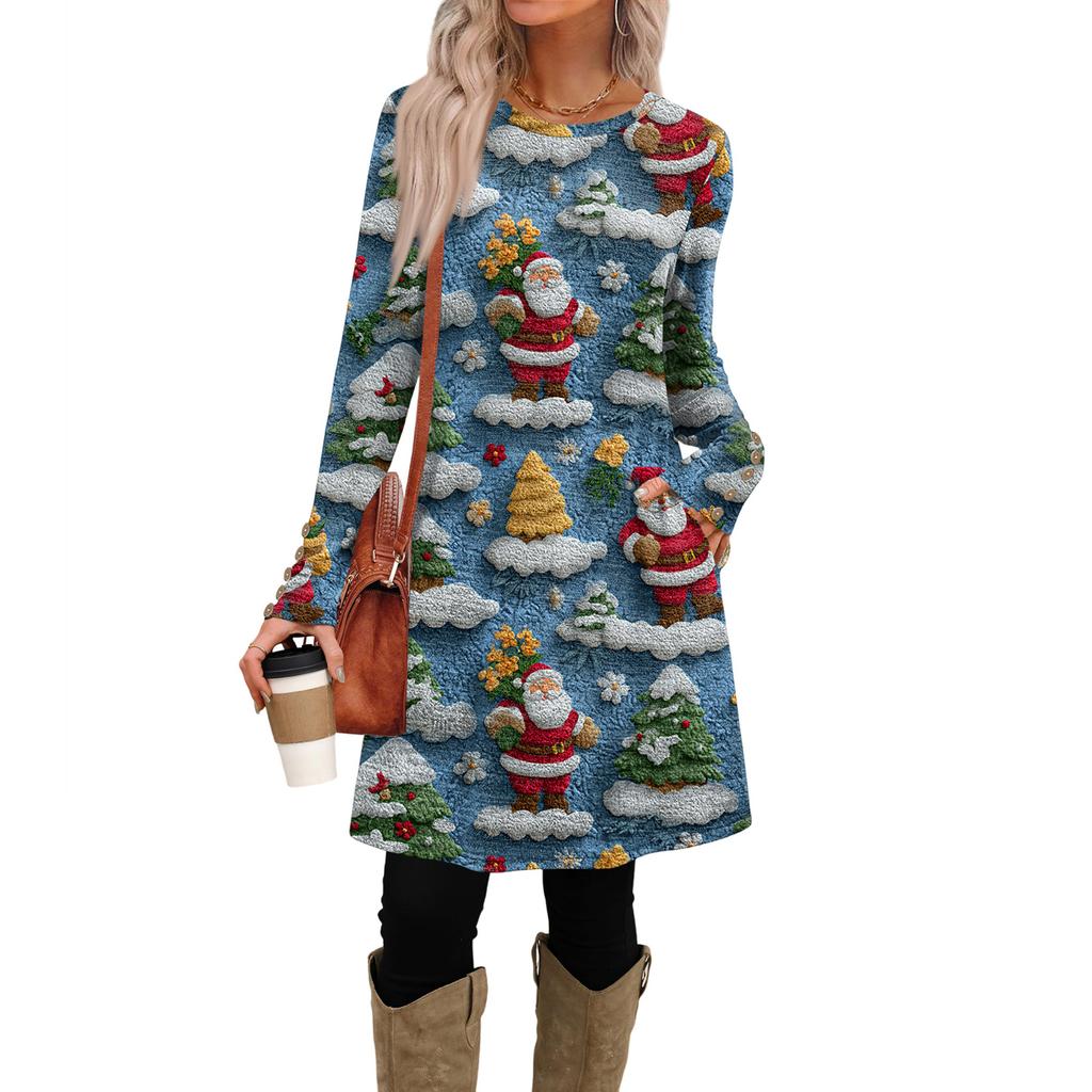 Rochie Casual de Damă la Modă cu Buzunare, Nasturi Decorativi, Imprimeuri de Crăciun, Gât Rotund și Mâneci Lungi