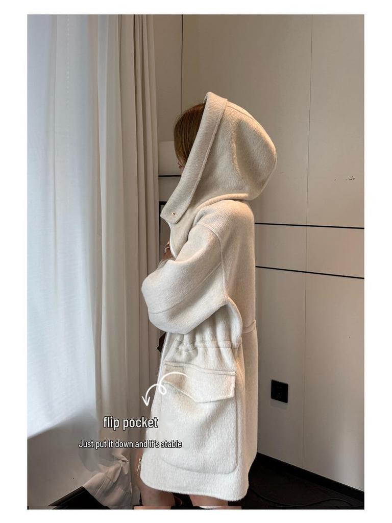 Damen Koreanischer Kaschmirmantel mit Kapuze und Reißverschluss, doppelseitig: Einfarbig, Mittellang, Vielseitig und Verdickt Lockeres Oberbekleidungsstück.