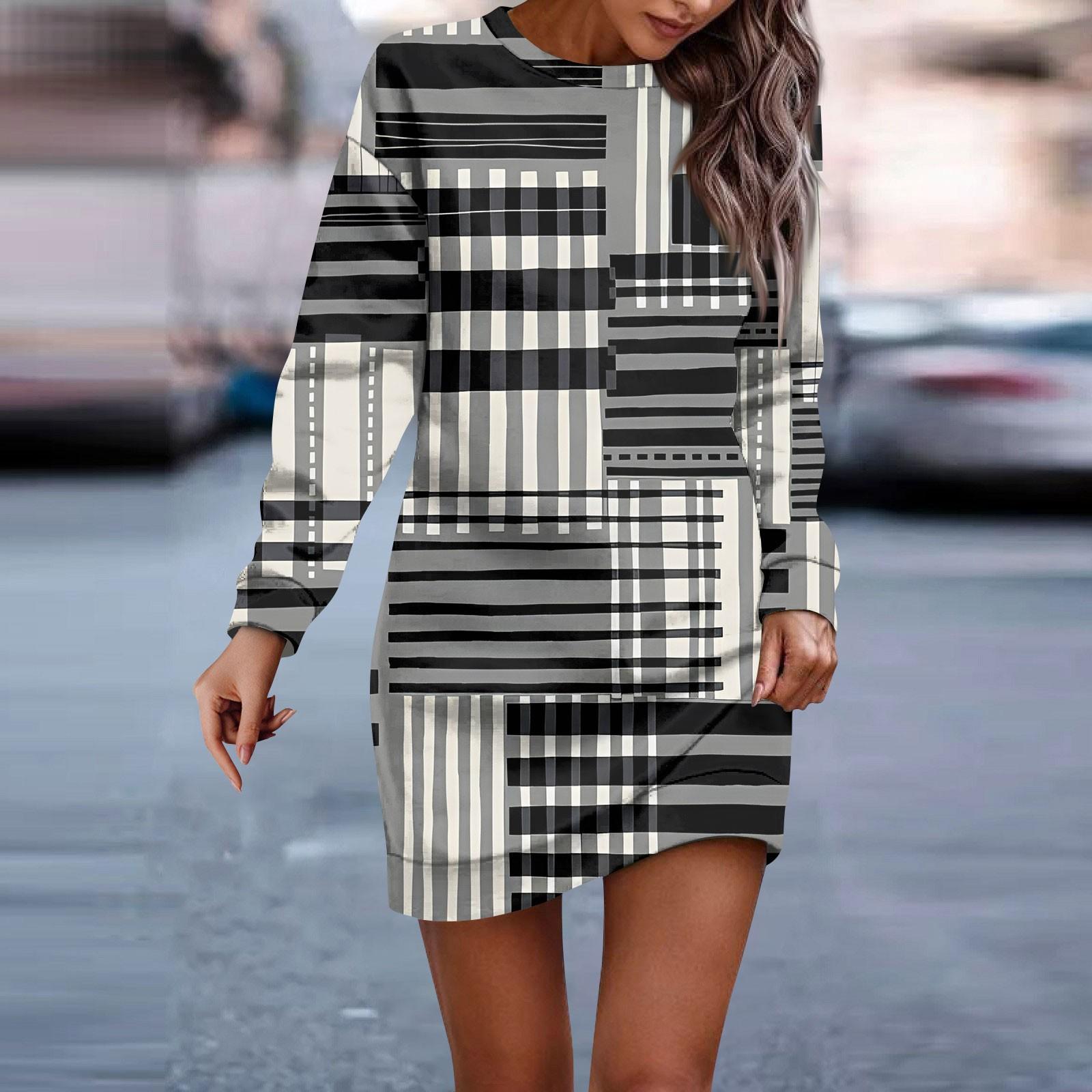 

Женское платье с круглым вырезом и геометрическим узором в стиле пэчворк с длинными рукавами и бедрами, платья-толстовки XXXL тёмно-синий