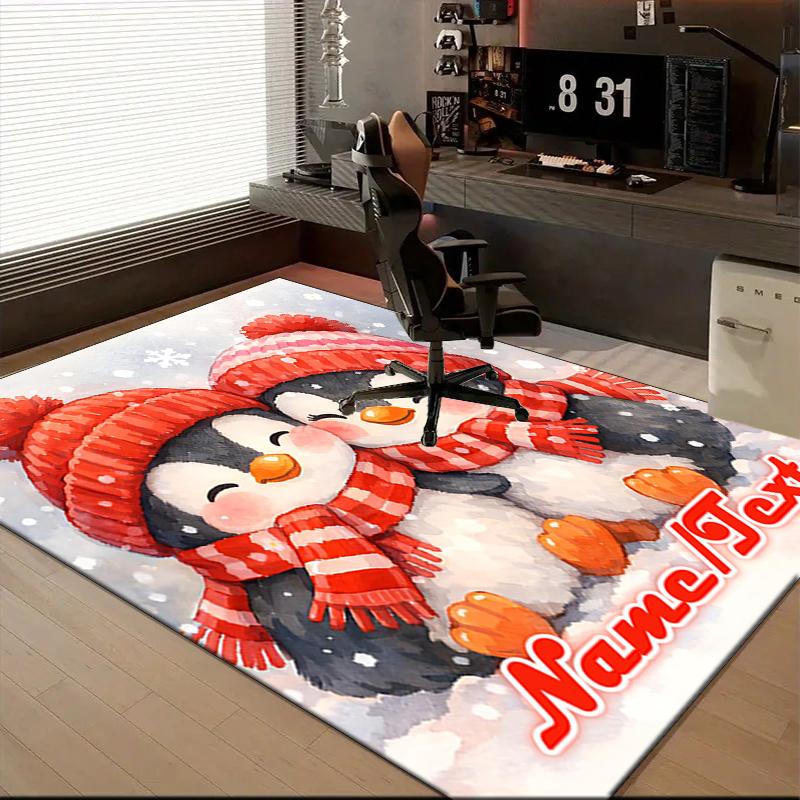 1PC Custom Name Winter Penguin Love Theme Floor Mat Ideal for Living Room, Game Rooms, Office, Bedroom,Floor Mat Playful Design