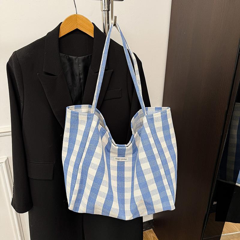 

Клетчатая освежающая летняя новинка 2025 тоут большая вместимость сумка для поездок на учебу дорожная сумка на плечо клетка синий