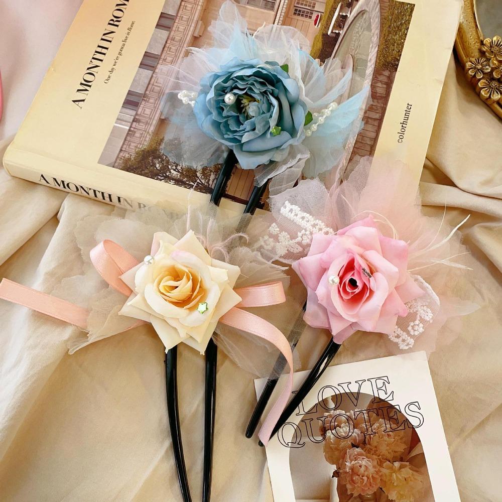 

Star Pearl Rose Hairstick U-shaped Bow Hair Stick Creative Simulation Flowers Hairpin Half Knot жёлтый