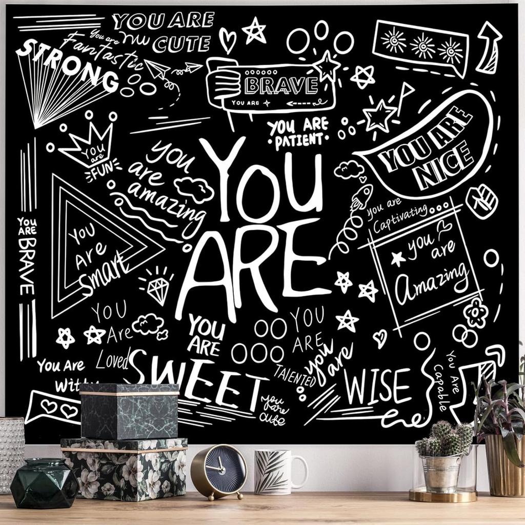 Black and White Inspirational Wall Tapestry, Positive Saying Aesthetic Decor Wall Hanging for Bedroom Kids Teen Girl Boy Dorm