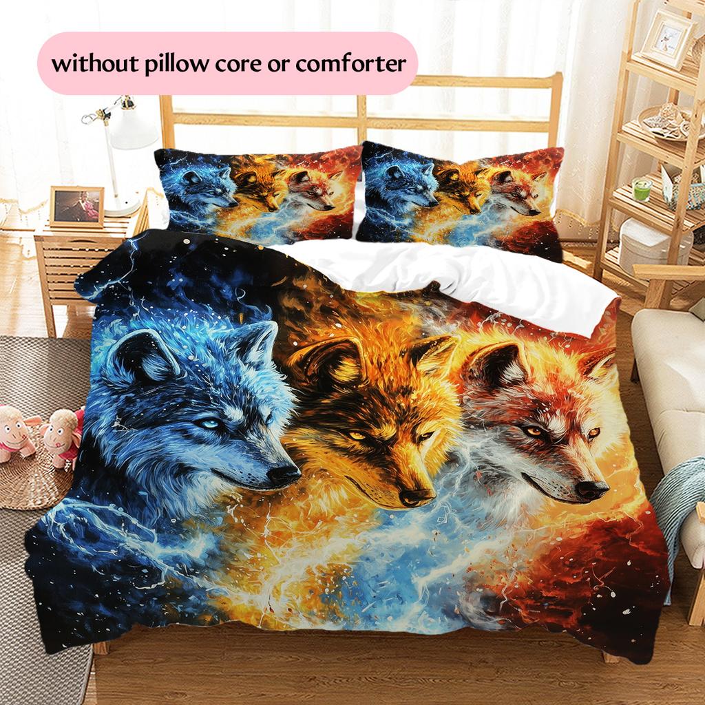 Flame Wolf Pattern Bedding Quilt Set Quilt Cover Pillowcase Home Decoration Gift (1 * duvet cover + 2 * pillowcase, without core)