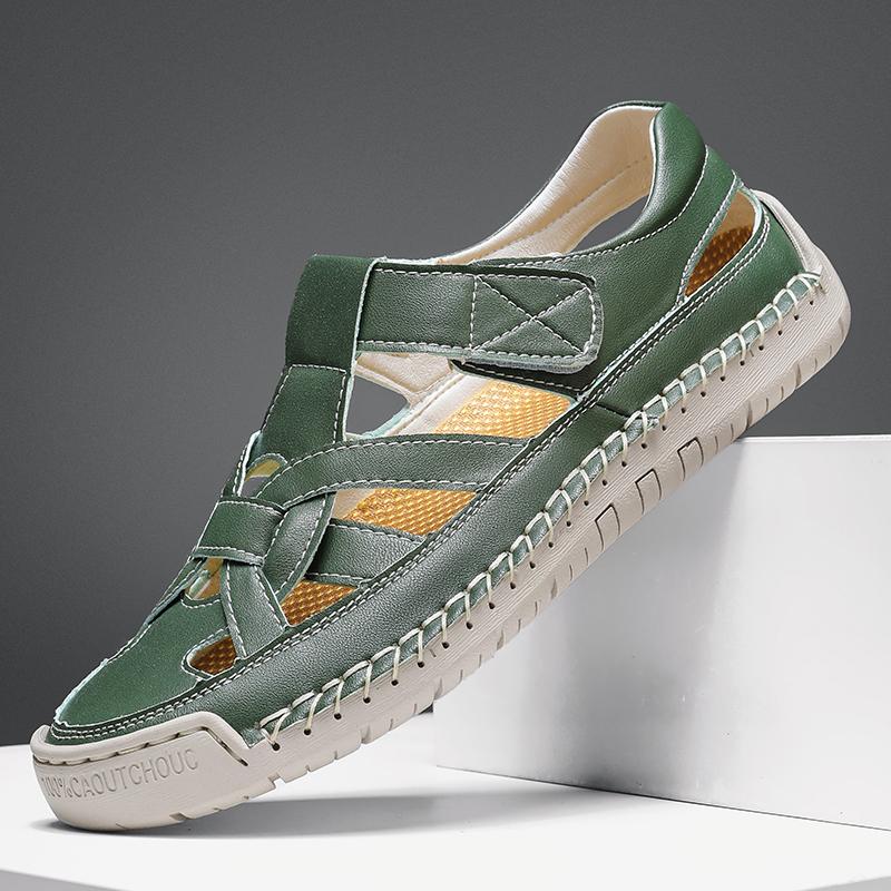 Fashion Fashion High Quality Handmade Summer Leather Sandals Men Breathable Hollow Out Shoe Outdoor Soft Sole Men Antiskid Beach Sandals