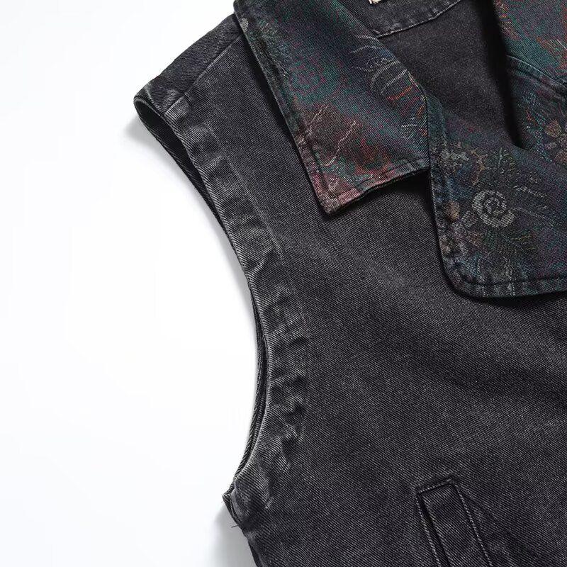 Kaslead New Arrival Women's Clothing Fashion Style Stylish Simple and Versatile Denim Single Breasted Print Loose-Fitting Waistcoat