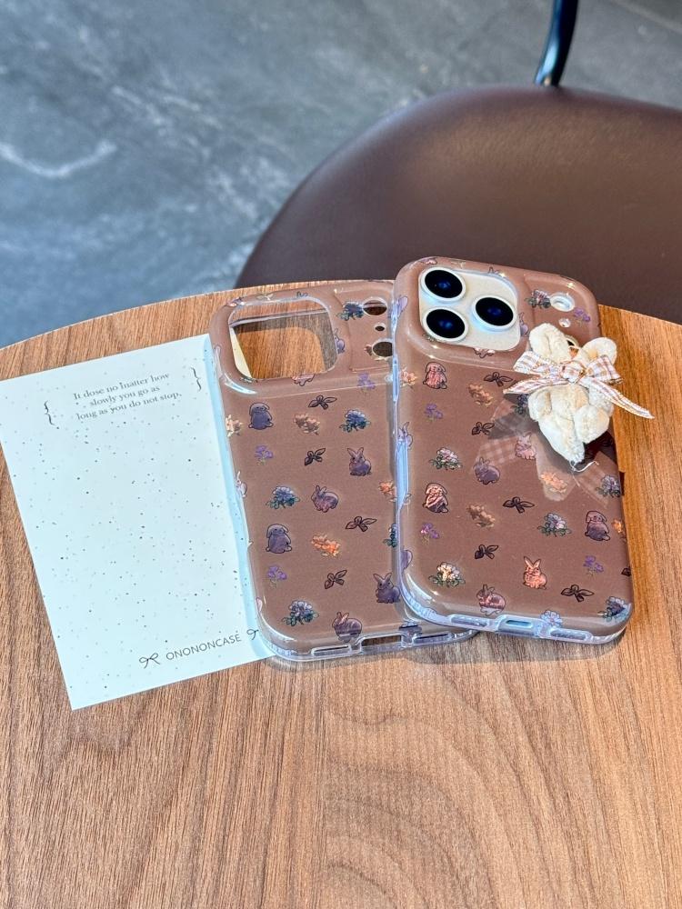 Kawaii Bunny Pattern with Plush Rabbit Charm Cute & Unique Phone Case for iPhone 17 16 15 14 11 12 13 Pro Max Plus Back Cover