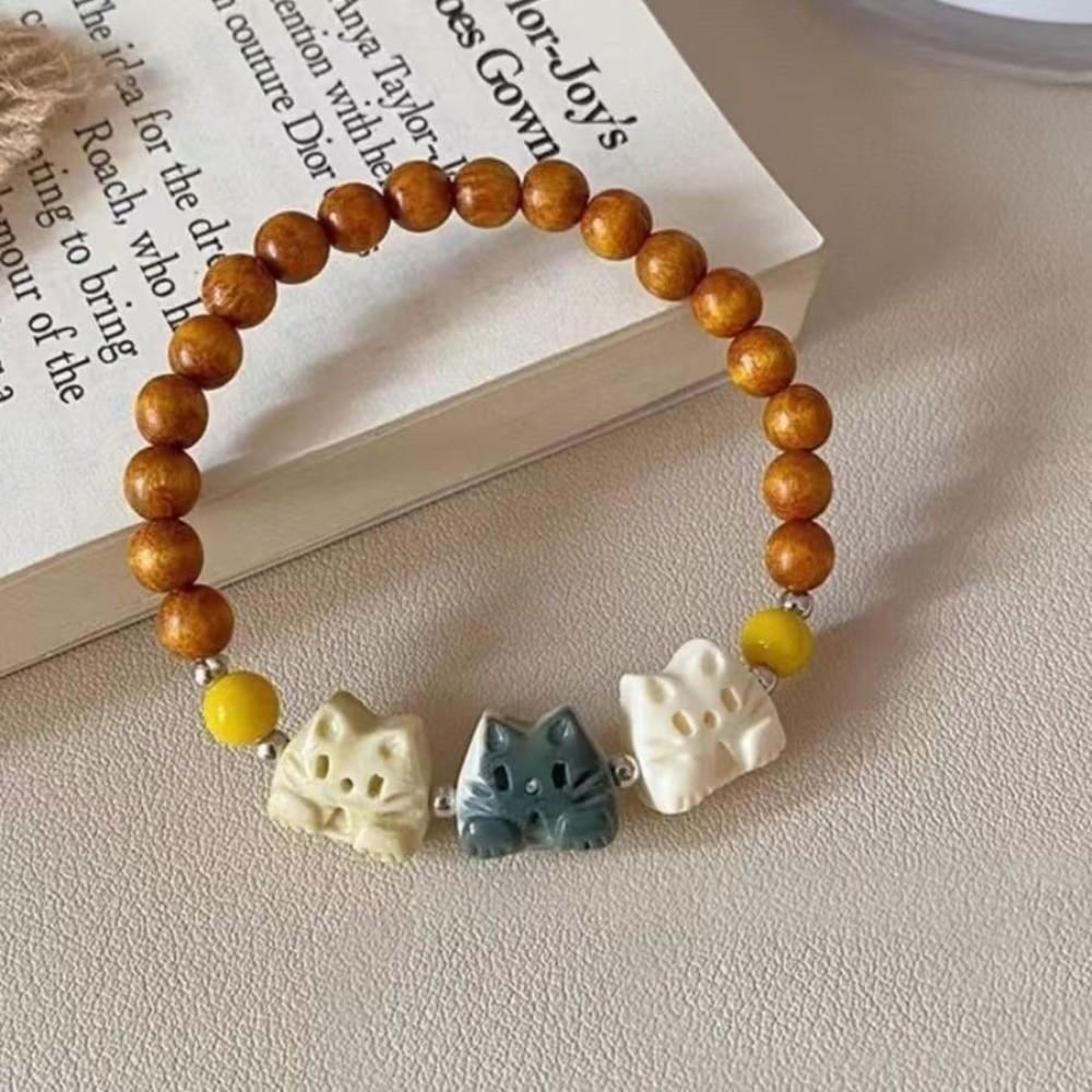 Hand Jewelry Cute Biscuit Cat Bracelet Wristband Adjustable Cat Beads Bracelet Retro Women Hand Bracelet Hand Accessory