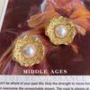 Heavy Industry Ancient Gold Flower Pearl Stud Earrings Irregular Light Luxury French Baroque Earrings