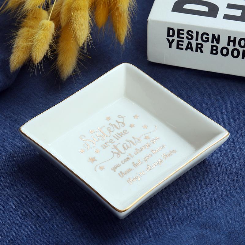 Ceramic Jewelry Dish with Gold Rim - Custom White Porcelain Tray for Rings, Necklaces, Earrings