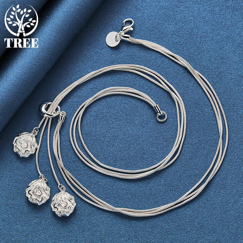 925 Sterling Silver 20 Inch Snake Chain Three Rose Flows Pendant Necklace Jewelry